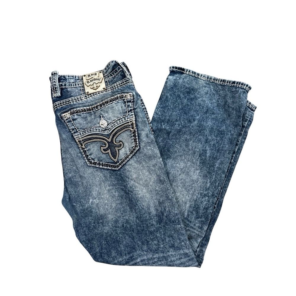 Rock Revival Zayne Bootcut Jeans Men Size 38x34 Blue Acid Wash Studded